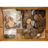 Box of mainly British shillings, sixpences and some pre-47, together with pennies/halfpennies with