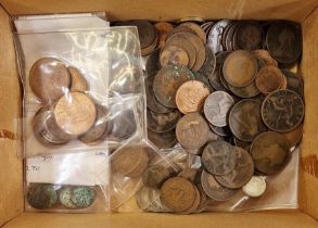 Box of mainly British shillings, sixpences and some pre-47, together with pennies/halfpennies with