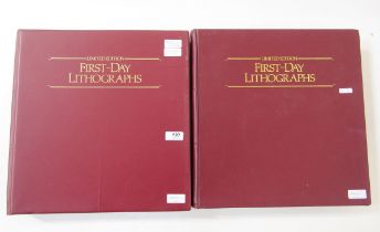 GB stamps: Two maroon folders of QEII philatelic lithographs; first of 27 commemoratives 1979-82,