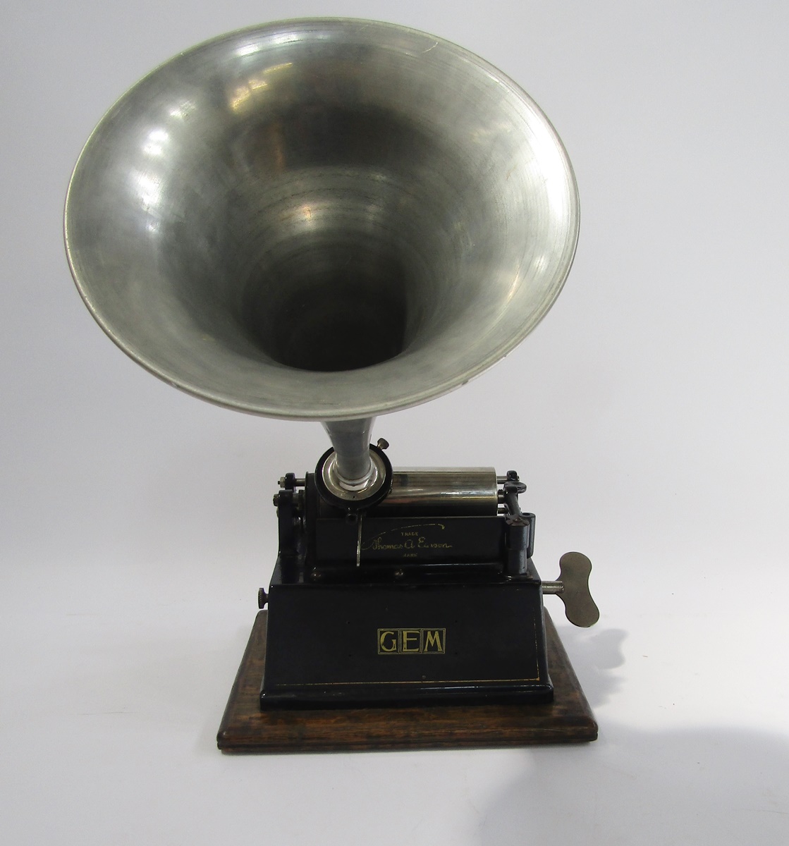 Edison Gem Phonograph, serial no G47802, with key winder and white metal horn