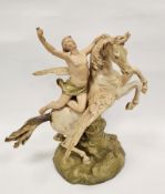 Royal Dux porcelain figure of a young male holding a torch on a rearing winged horse (a/f), 42cm