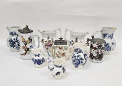 Five 18th century cabbage leaf moulded jugs with mask spouts decorated with bouquets of flowers, one