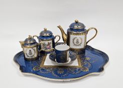 Late 19th century Sevres-style turquoise ground cabaret tea set, printed Sevres-style marks, red
