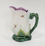 19th century majolica water jug moulded in form of a water lily and decorated with butterflies and
