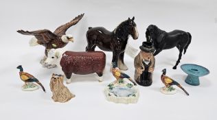 Collection of Beswick animals and birds including Hereford Bull, brown Shire horse 818, Bald Eagle