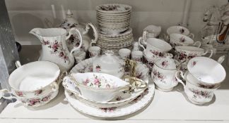 Royal Albert bone china tea service in the lavender rose pattern, comprising teapot, large jug, 10