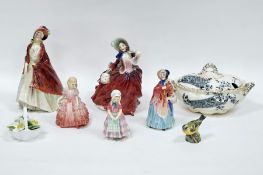 Five Royal Doulton figurines including Rose HN1368, Tootles HN1680, the Little Mistress (damaged),
