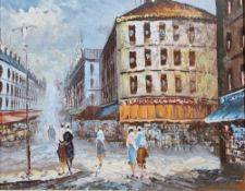Oil on canvas  Parisian street scene, signed indistinctly lower right, 39cm x 49cm, black velvet