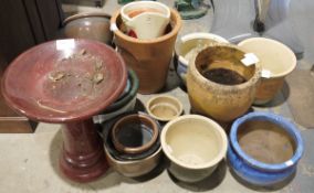 Quantity of ceramic garden planters to include a dark red ceramic bird bath on a circular support (