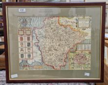 Reproduction print of a map of Devonshire and Exeter described, framed, a print after C R McIntosh