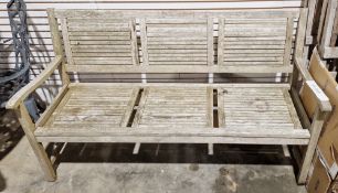 20th century teak three-seater garden bench with slatted seat and base, 90cm high x 158cm wide x