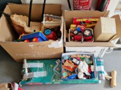 Mixed lot of toys including Fisher Price figures and cars, Peppa Pig car, boxed child's tea set,