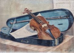 Still life watercolour of a violin in its case signed J Boscow 1961, 28cm x 20cm, framed and