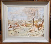 Oil painting on board of figures on a frozen lake, unsigned, 60cm x 49cm and an oil painting of a