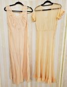 1940's apricot silk night gown, embroidered bodice and cross over detail, tie belt from the waist,