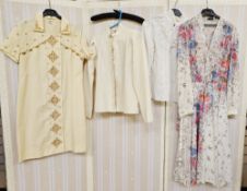 Vintage polyester dress, labelled Shubette, size 12, flower print on a cream ground, v-neck with