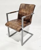 Contemporary stitched tan brown leather and tubular metal cantilever elbow chair (understood to have