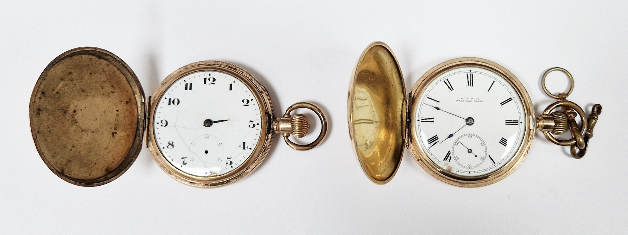 Late 19th/early 20th century Waltham full hunter pocket watch, in a gold plated case, the enamel