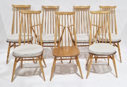 Set of seven Ercol blonde elm Goldsmith stickback dining chairs, including two model 369A carver