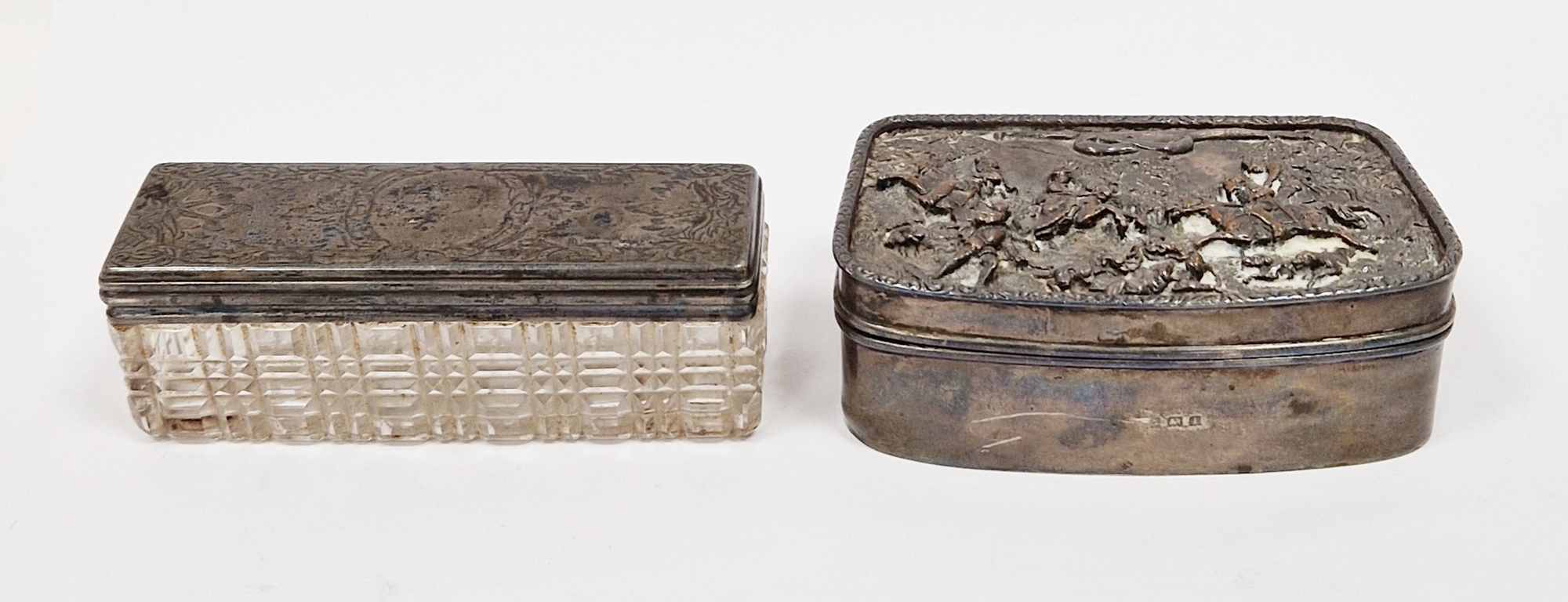 Silver table snuff box, hallmarks rubbed but probably early 20th century, the hinged lid with with