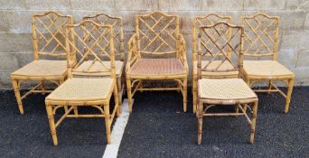Eight Chinese Chippendale revival side chairs in the George III manner, faux bamboo with lattice