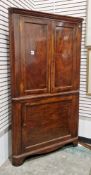 George III mahogany standing corner cupboard with cavetto cornice, the upper section with a pair