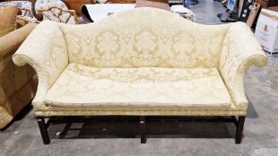Pair of camel back settees in the George III manner, with scrolling arms, single pad seat, raised on