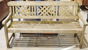 Teak garden bench with cross-hatch back, length approx. 160cm wide  Condition Report Length approx