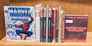 Quantity of Marvel Comic Spiderman related books to include Peter Sanderson 'Marvel Universe', 2 x