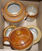 Small collection of stoneware jars, one labelled 'Salt', another handled and labelled 'by Pearsons