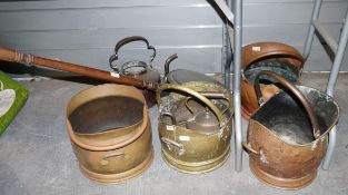 Collection of metalware to include three brass and one copper coal scuttles, two copper teapots