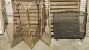 Brass four section sparkguard, H 83cm, and another sparkguard, H 66cm.