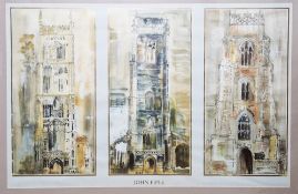 After John Piper Triptych print/poster  Three church towers, unsigned, framed and glazed, 58cm x