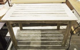 Weathered teak garden table by Britanic Teak (H 72.5cm x W 101.5cm x D 74.5cm) Condition Report