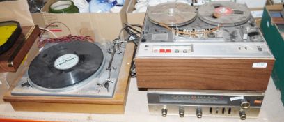 Vintage Lenco L75 turntable, a vintage Sony TC-355 reel to reel tape recorder and a vintage