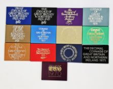 Royal Mint Proof Sets (13) from 1970 to 1982 inclusive, most retained in the original white