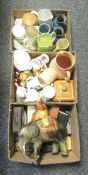 Three boxes of mixed ceramics and collectable items including a plaster Indian elephant, a Metamec