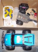 Remote control Silverado HD truck, a few diecast cars and part of a Dinky builder outfit with