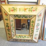 Large modern wall mirror with a deep frame with a crackled glaze and floral painted finish, 101cm