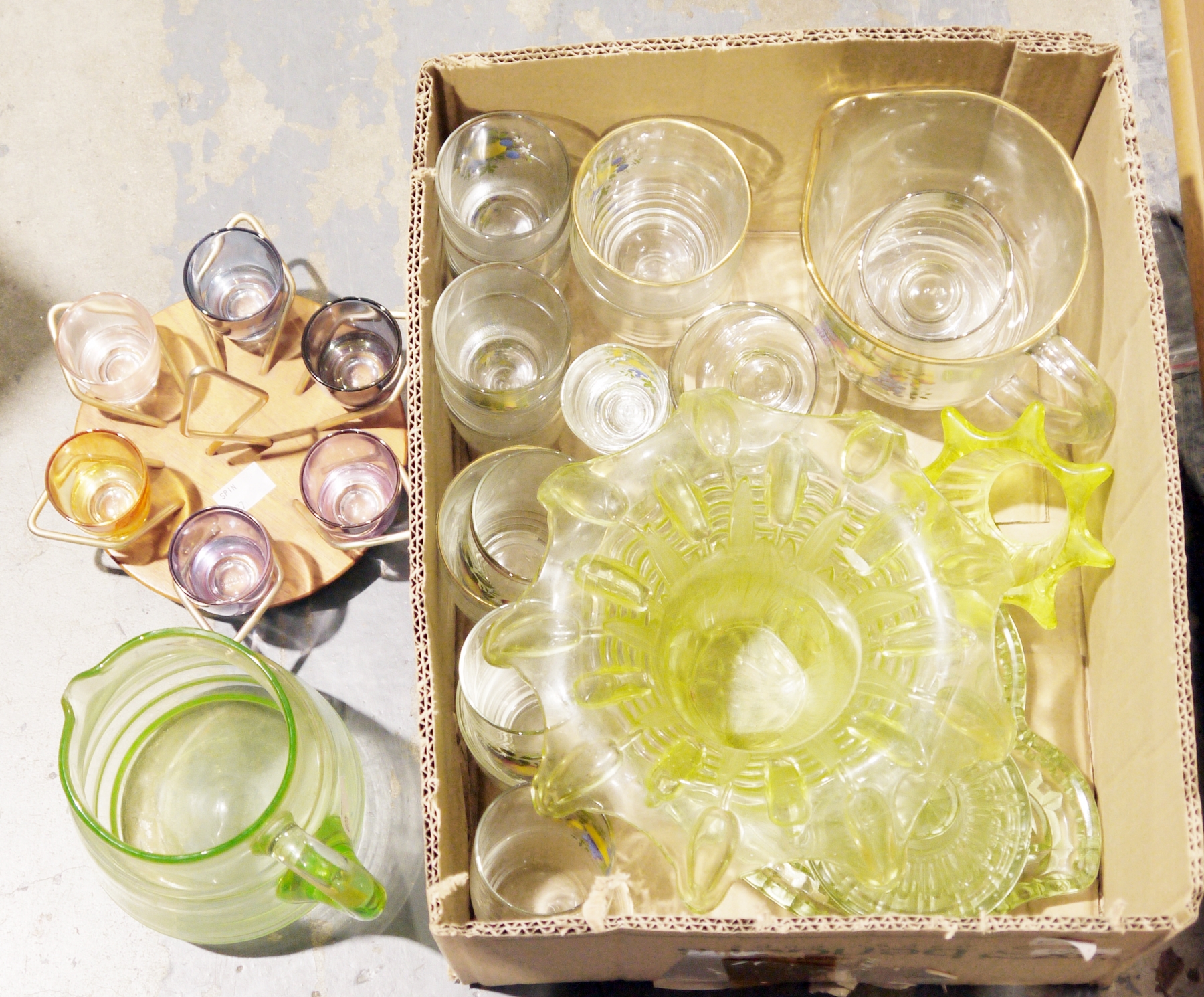 Collection of glassware including cut glass drinking glasses, uranium glass items, a clear glass - Image 2 of 2