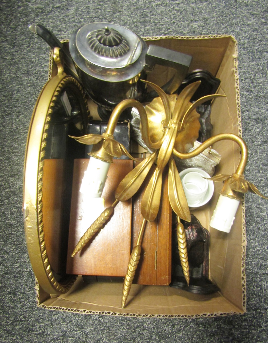 Mixed lot of collectables including a two-branch wheatsheaf wall light, an oval easel-back table