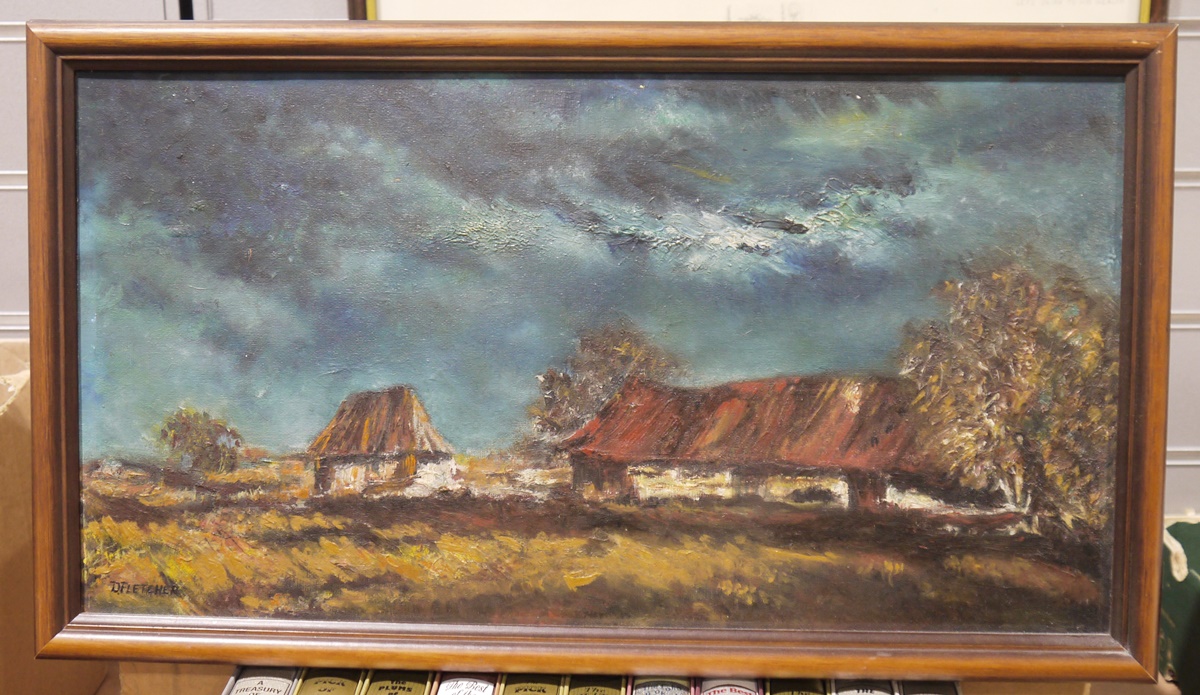 D Fletcher  Oil on board Rural scene with barns on an overcast day Chinese watercolour  River - Image 4 of 6