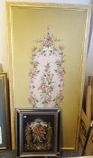 Two large woolwork tapestry panels decorated with flowers and a beaded woolwork in frame, largest