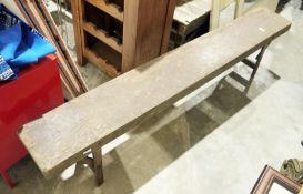 Mid-century wooden long bench with folding legs, 182cm long