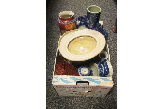 Collection of mainly modern Chinese-style ceramics including a moonflask, imari pattern vase, blue