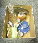 19th century Wedgwood blue jasperware cup and two saucers, a Wedgwood green jasperware plate, a