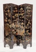 Two lacquered four-fold dressing screens, one with bird and flower decoration with each panel