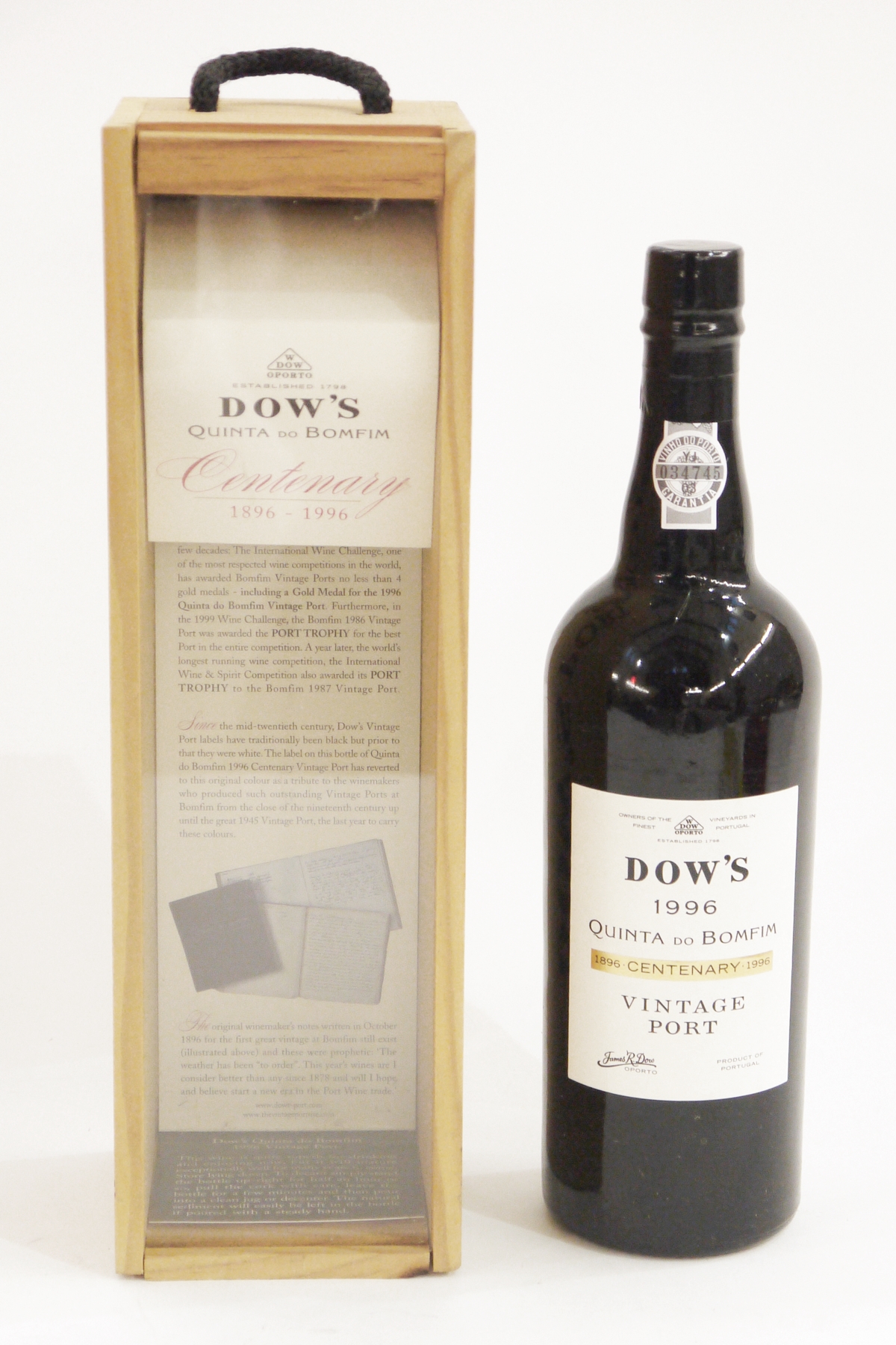 Dows Quinta do Bomfim centenary year vintage port 1896-1996, top of the bottle numbered 034745,