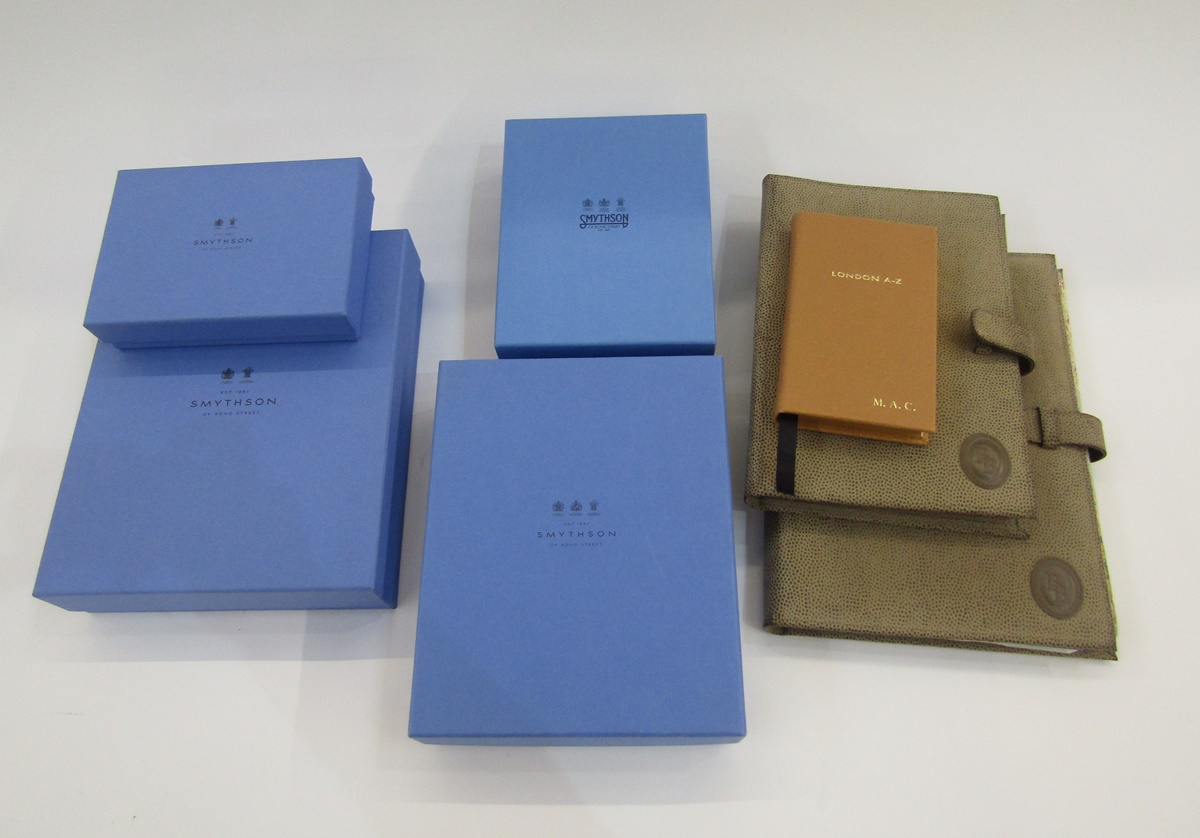 Smythson brown leather bound London A-Z, assorted envelopes in Smythson boxes and two Barclay &