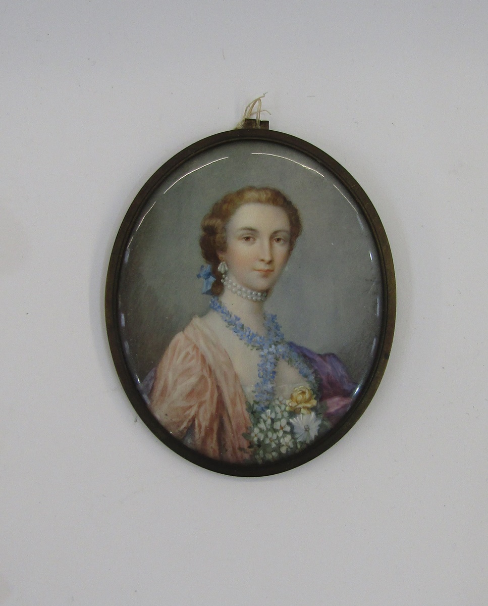 Pair of portrait miniatures depicting a lady and gentleman in the 18th century-style, he in a red - Image 2 of 10
